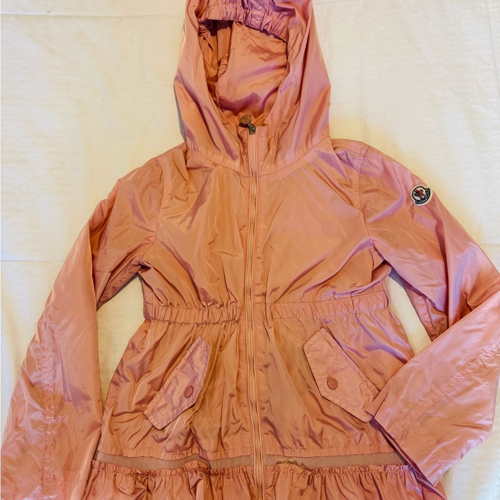 Moncler Girls Pink Raincoat Windbreaker with Hood and Cinched Waist Sz 6
